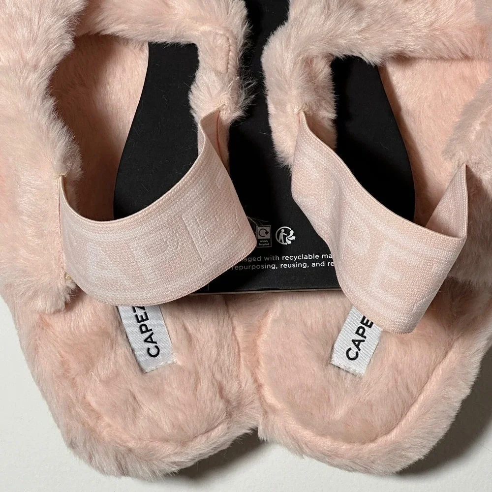8 Capezio Pink Faux Fur Cross Strap Slippers with Logo Elastic Back Strap Size M